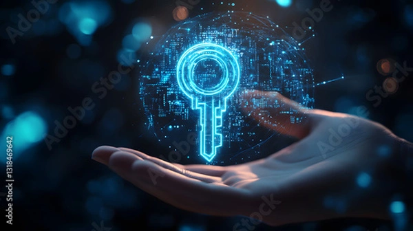 Fototapeta Abstract digital security illustration of a futuristic blue holographic key floating in a professional’s hand, with cyber data streams and encrypted locks 