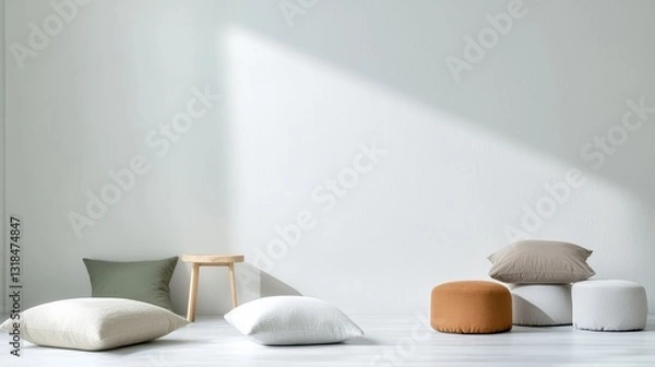 Fototapeta Serene Minimalist Interior Neutral Pillows and Poufs on Light Wood Floor