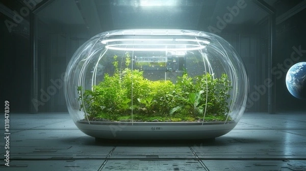 Fototapeta Visionary digital painting depicting an advanced self sufficient transparent dome greenhouse ecosystem  The image showcases a futuristic sustainable indoor environment with lush plant life