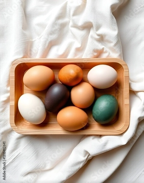 Fototapeta Multicolored chicken eggs in a rectangular wooden tray
