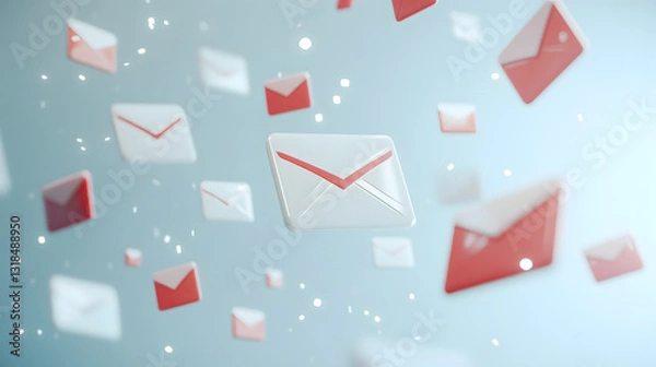 Fototapeta set of mail icons, an ultra-modern communication design with high-resolution floating mail icons , notification alerts, and thumbs-up reactions, shining against a pure white backdrop. 
