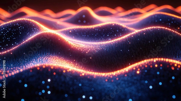 Obraz Quantum machine learning texture with glowing probability wave visualizations, AI-enhanced quantum state recognition, and futuristic entangled AI processors