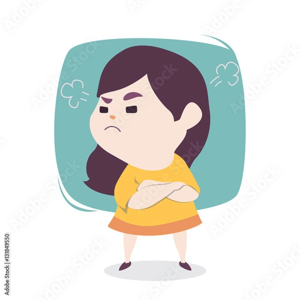 Fototapeta Angry little cute girl with blowing from ears, vector cartoon il