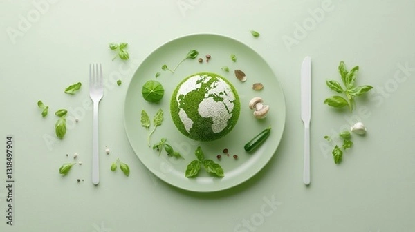 Fototapeta A digital painting depicting a minimalist symbolically impactful image of a green globe or planet Earth surrounded by leaves vegetables and other eco friendly elements representing sustainability