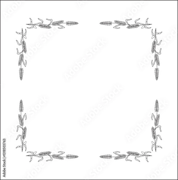 Fototapeta Elegant black and white ornamental frame with cereal spikelets, wheat ears, decorative border, corners for greeting cards, banners, business cards, invitations, menus. Isolated vector illustration.	
