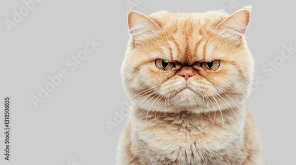 Fototapeta Grumpy Cat with Distinctive Expression on Gray Background