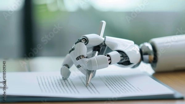 Fototapeta Robotic hand sketching on paper, sleek design, intricate details