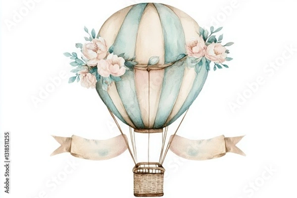 Obraz Elegant hot air balloon decorated with soft flowers and ribbons in pastel colors, perfect for celebrations