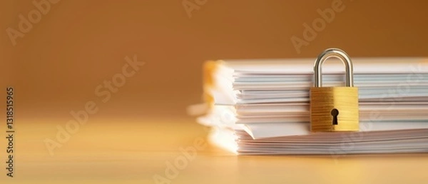Fototapeta Secure gold padlock resting on neatly stacked white paper sheets, warm tones
