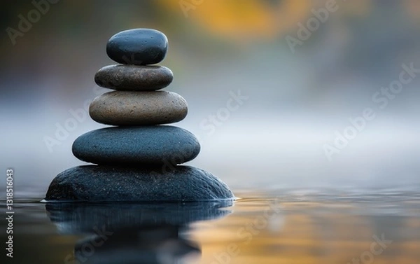 Fototapeta Smooth river stones stacked in perfect balance on a misty shoreline, soft lighting