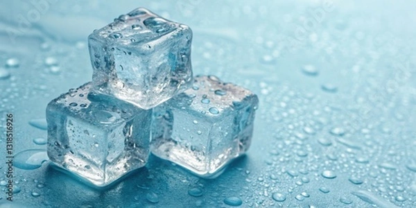 Fototapeta Closeup of three ice cubes melting on a wet surface, revealing glistening droplets of water