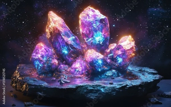 Fototapeta Floating cluster of space rocks glowing with cosmic energy