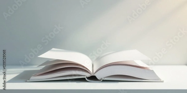 Fototapeta Single isolated book in a minimalist setup on light grey desk, workspace decor, , writing aid