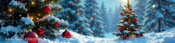 Fototapeta Snowy winter wonderland with Christmas tree and ornaments, white, tree, decorations