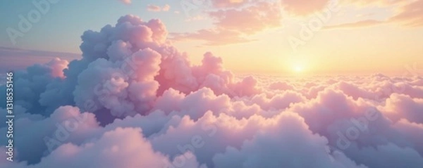 Fototapeta Soft wispy clouds float in the sky amidst gentle morning mist, peaceful, serene, clouds