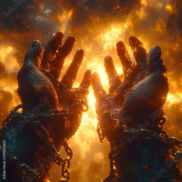 Fototapeta Close-up of dark-skinned hands reaching towards the sky, with the remains of broken chains on the wrists. The fingers are spread wide, as if embracing newfound freedom. 8K resolution