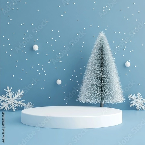 Fototapeta Christmas background with podium, Christmas tree and snowflakes. 3d render