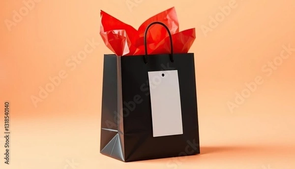Fototapeta Sleek black gift bag, asymmetrical shape, filled with red tissue, white label, studio shot,  premium