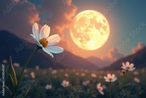 Fototapeta small white flower swaying in gentle breeze under a full moon, swaying, moon, luna