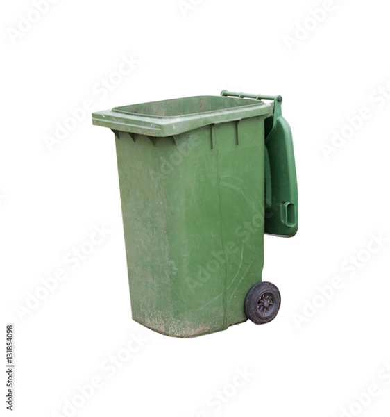 Obraz old green plastic garbage bin isolated on white background
