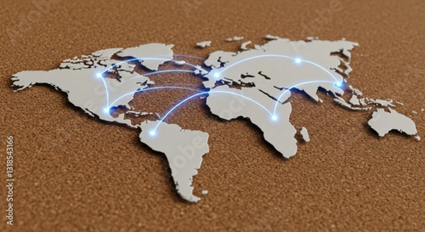 Fototapeta a paper cutout world map pinned to a corkboard chalk outlines of continents digital glow emanating from trade routes global business connections