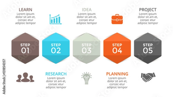 Fototapeta Vector arrows hexagons timeline infographic, diagram chart, graph. Business concept with 5 options, parts, steps, processes. 16:9. Ready for presentation slide.