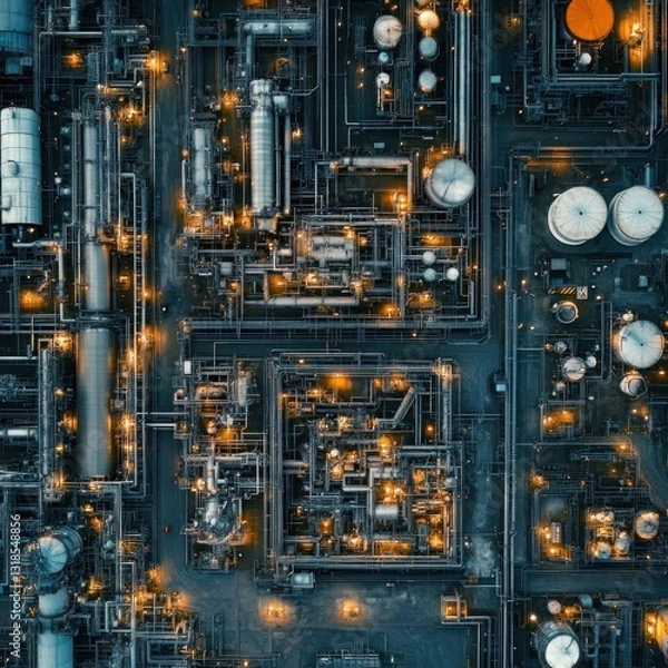 Fototapeta A drone shot of a natural gas field with flaring stacks and extraction equipment.