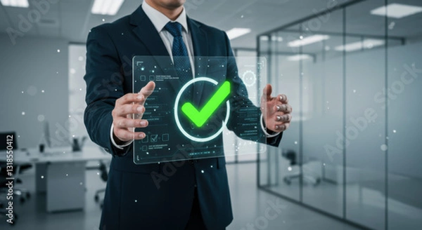 Fototapeta check mark for compliance certification or audit concept with a business man holding a digital hologram of green