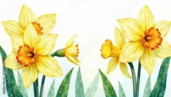 Fototapeta Watercolor daffodils in vibrant colors, watercolor painting, spring flowers, daffodil flowers
