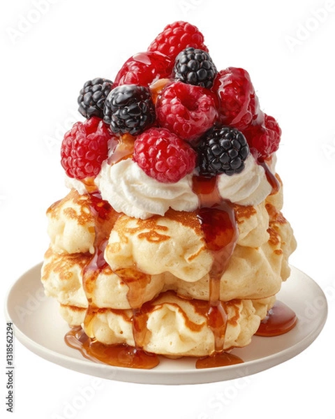 Fototapeta Fluffy waffles with whipped cream, fresh raspberries, blackberries, and syrup on plate