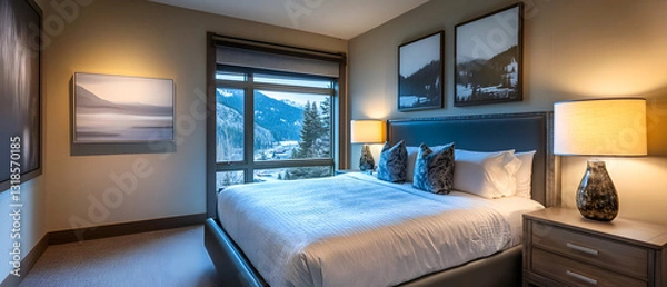 Fototapeta Serene bedroom with mountain view, featuring a king-size bed and calming decor.