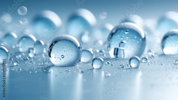 Fototapeta Shimmering droplets in cool blue tones, forming calm, minimal composition. Great for wellness ads, liquid-themed designs, and scientific presentations.