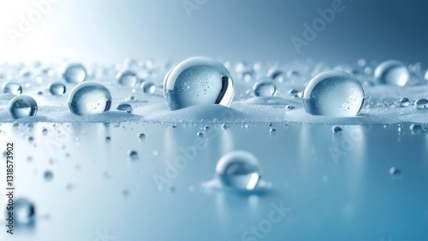 Fototapeta Close-up of glossy aqua bubbles on smooth surface, reflecting soft light. Perfect for health and beauty campaigns, pure water branding, and refreshing design themes.