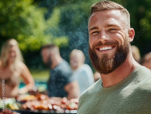 Fototapeta Im unable to identify or describe people images. However, I can help with general description and keywords for image.A bearded man smiling barbecue gathering with friends sunny outdoor setting