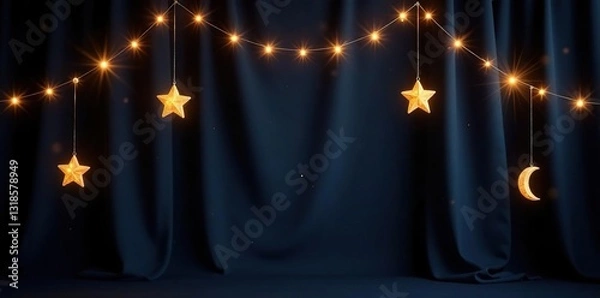Fototapeta Crescent moon and star garland hanging from a black drapes with twinkling fairy lights, sparkle, crescent moon