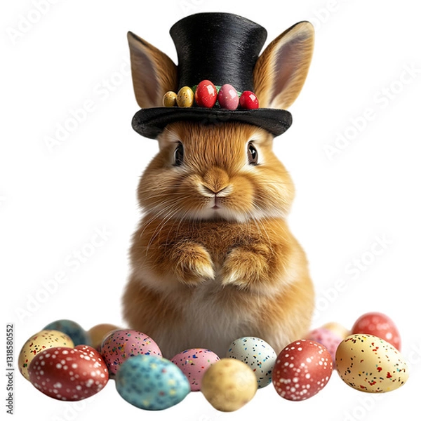 Obraz A Rabbit Wearing a Top Hat Surrounded by Easter Eggs Isolated on Transparent Background