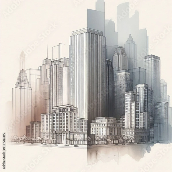 Fototapeta abstract architectural drawing of city buildings