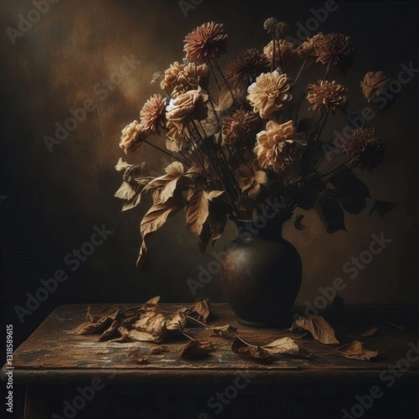 Obraz A somber still life of withered roses in a ceramic vase set against a dark moody background with scattered petals on a rustic wooden table