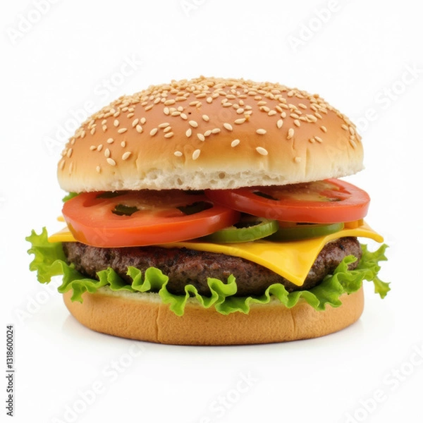 Fototapeta A flavorful burger with a thick, juicy beef patty, gooey cheese, and fresh lettuce, served in a soft sesame bun.