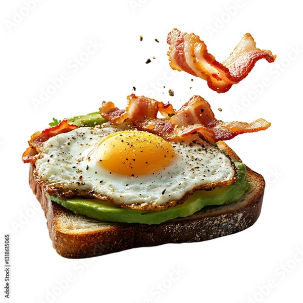 Fototapeta Fresh Avocado and Bacon Toast with Sunny Side Up Egg Isolated on Transparent Background