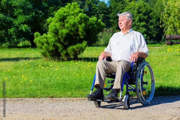 Obraz happy old man on wheelchair in the park