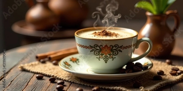 Fototapeta Aromatic Steaming Cup of Coffee with Cinnamon and Coffee Beans on Rustic Wooden Table