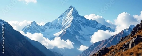 Fototapeta Killer mountain Nanga Parbat from unique perspective with clouds and mist, himalayas, nanga, parbat