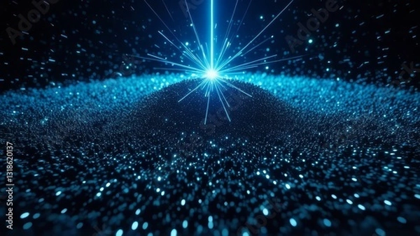 Fototapeta Abstract glowing particles with laser light burst creating energy and shining across dark space. Perfect for technology, futuristic and scientific concept designs.