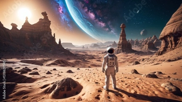 Fototapeta Astronaut standing on alien planet, looking at vast desert landscape with distant planets and stars. Perfect for space exploration, sci-fi, and futuristic themes.
