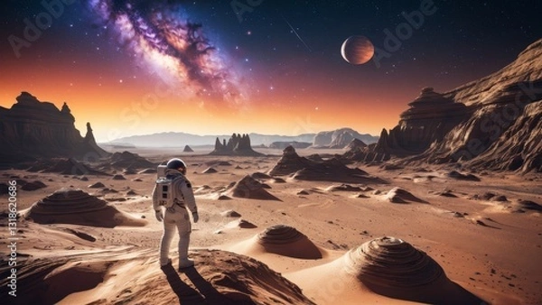 Fototapeta Alien planet with astronaut standing in red desert, gazing at galaxy and distant planets. Perfect for outer space, space discovery, and intergalactic visuals.