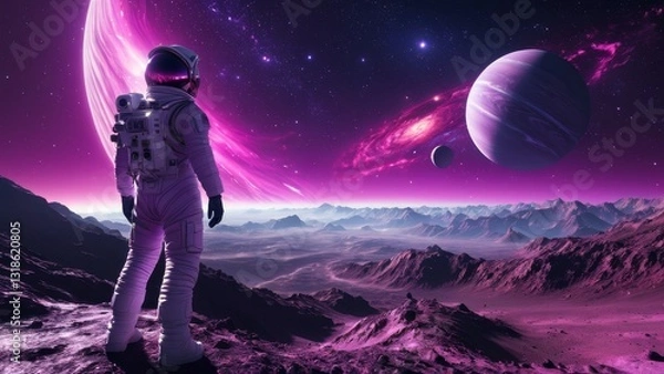 Fototapeta Futuristic astronaut exploring planetary surface under cosmic sky with purple galaxy and distant stars. Ideal for space adventure, exploration, and intergalactic themes.