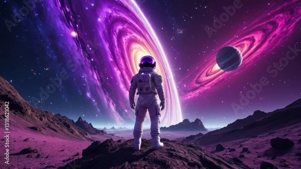 Fototapeta Purple galaxy with astronaut standing on rocky surface of alien planet, looking at the stars. Ideal for space vision, interplanetary journey, and cosmic visuals.