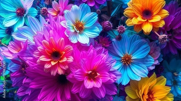 Obraz A Kaleidoscope of Colors: An array of vibrant flowers burst with kaleidoscopic hues, offering a dazzling display of petals and blossoms that evoke a sense of cheerfulness and natural beauty.