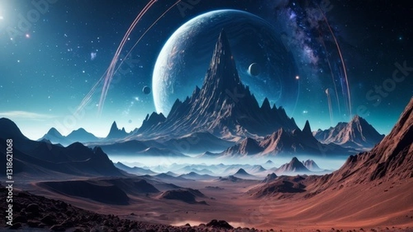Fototapeta Astronaut exploring alien planet with mountainous terrain, cosmic galaxy in the background. Perfect for space exploration, sci-fi, and futuristic themes.